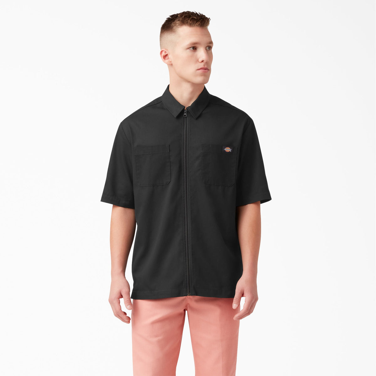Mixed Media Zip Front Short Sleeve Work Shirt